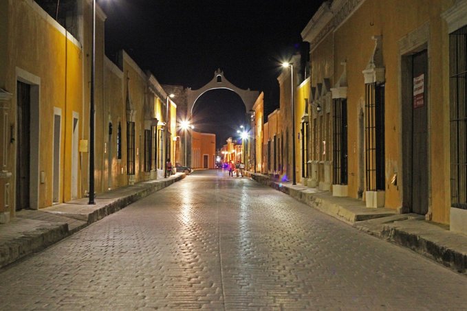 Izamal Yucatan Mexico at night, the Yellow city under the start is amazing to explore with moon light